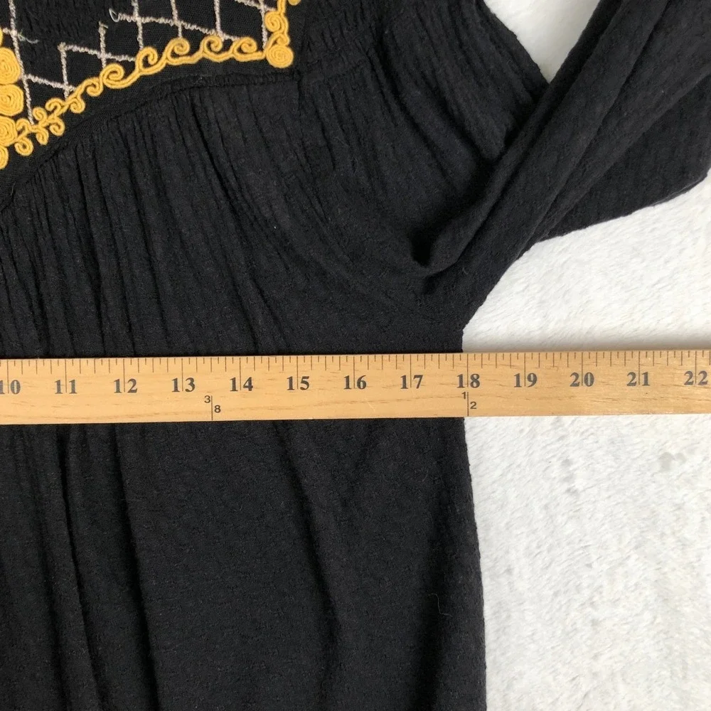 FREE PEOPLE Embroidered Top Sz S Black Gold Balloon Hem Smocked Peasant Boho